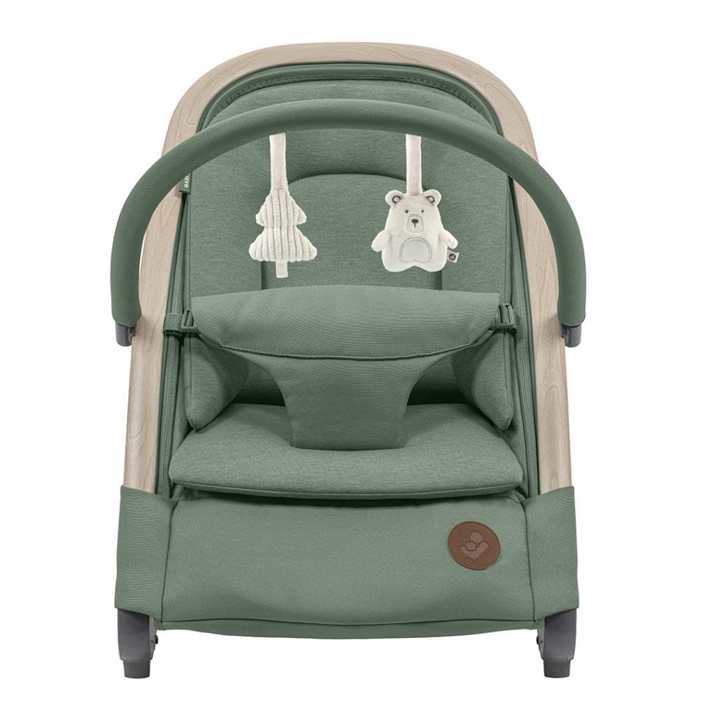 Maxi-COSI Kori 2-in-1 ergonomic baby bouncer chair with toy arch, adjustable recline, lightweight design, and newborn pillow.