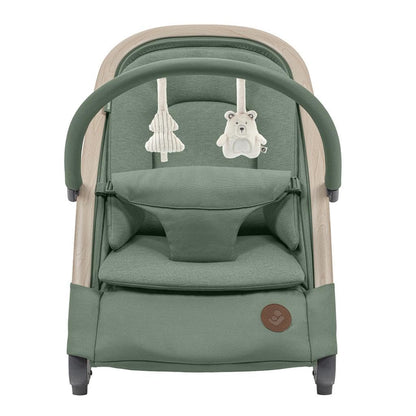 Maxi-COSI Kori 2-in-1 ergonomic baby bouncer chair with toy arch, adjustable recline, lightweight design, and newborn pillow.