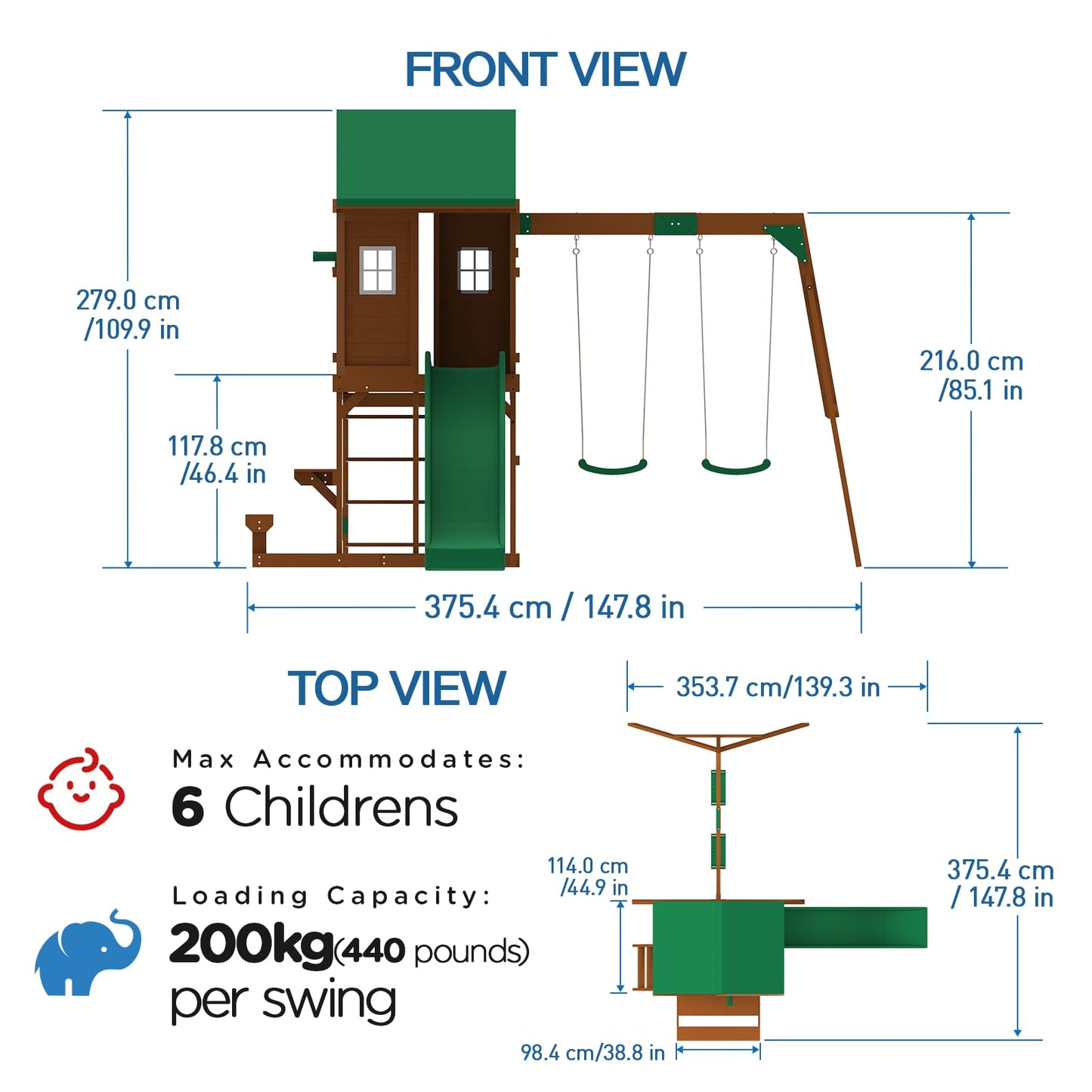 DOLPHIN PLAYGROUND T Wooden Swing and Slide Set, Wooden Outdoor Play Equipment with Picnic Table, PlayHouse, 2 Swings, Climbing Wall, Kids Outdoor Play Equipment for Ages 3+