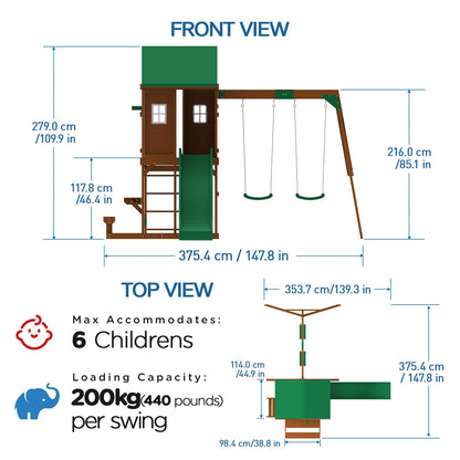 DOLPHIN PLAYGROUND T Wooden Swing and Slide Set, Wooden Outdoor Play Equipment with Picnic Table, PlayHouse, 2 Swings, Climbing Wall, Kids Outdoor Play Equipment for Ages 3+