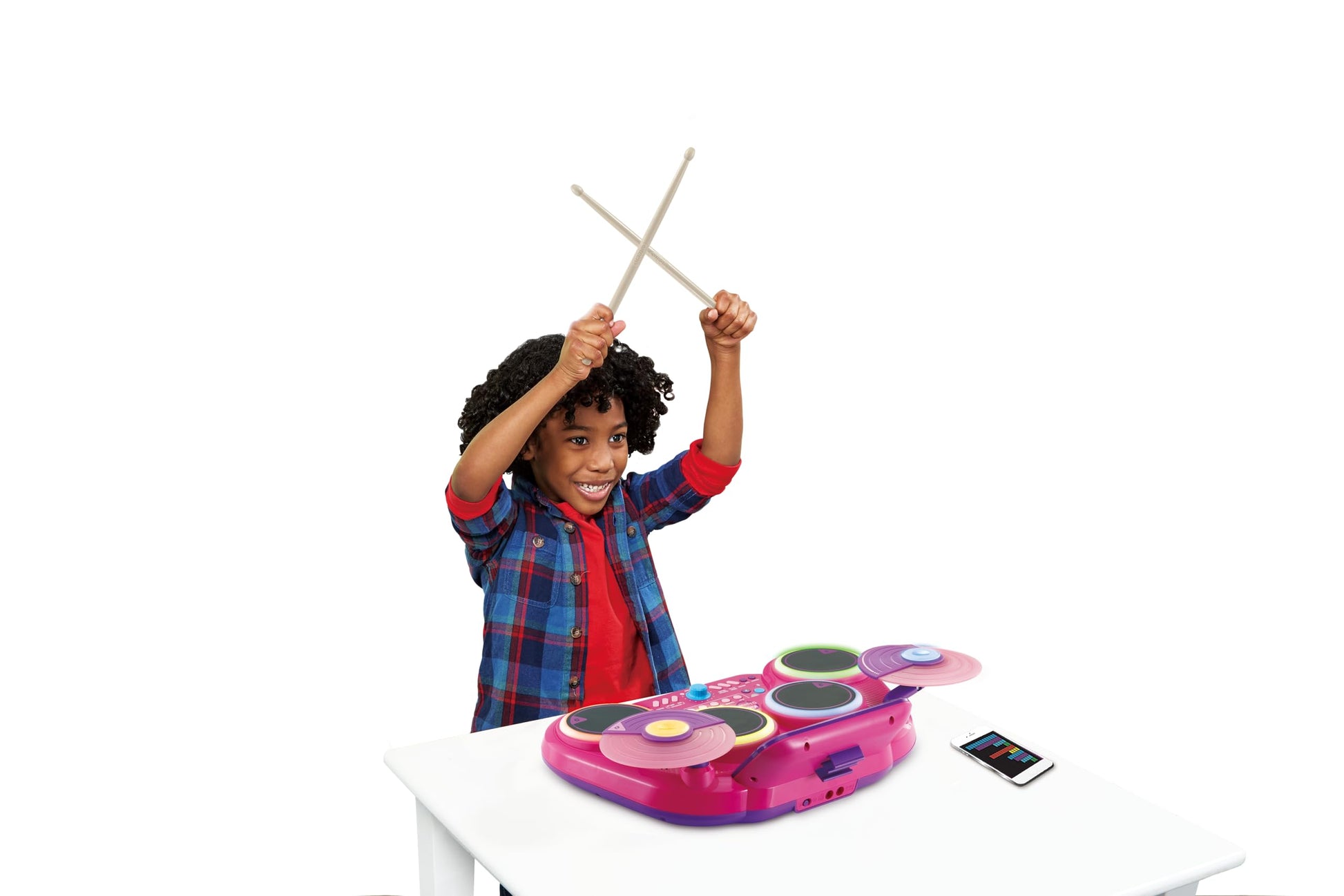 VTech Kidi DJ Drums pink electronic drum kit for kids with 4 drums, cymbals, drumsticks, Bluetooth, and light-up features.