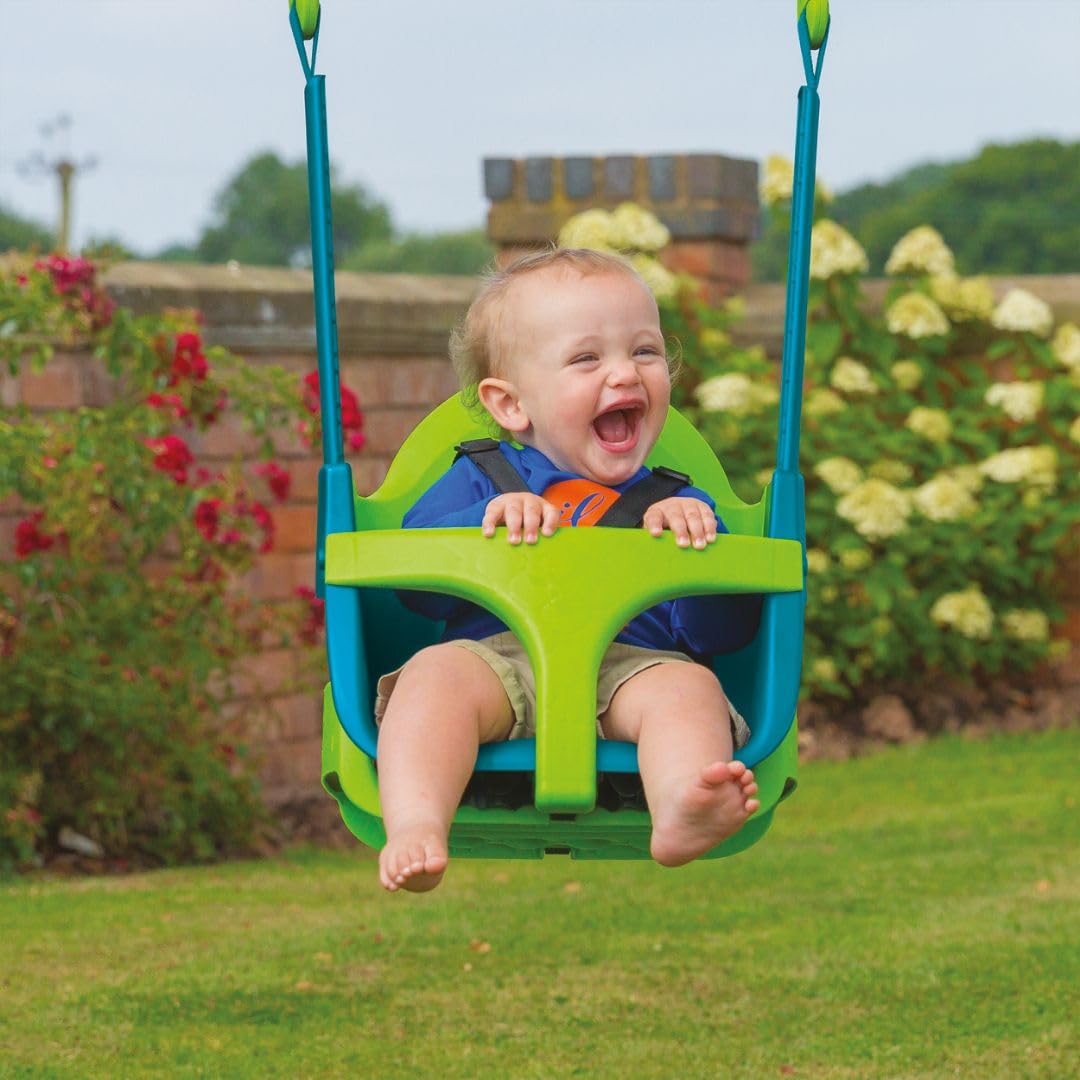 Green TP Quadpod 4-in-1 growable toddler swing seat with adjustable ropes and safety strap for outdoor gardens and playgrounds.