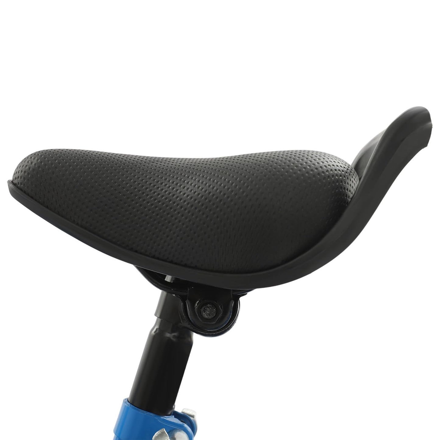 Blue 14-inch kids' sport bike by Eieblek with stabilizers, bell, fenders, adjustable seat, and armrests for boys and girls.