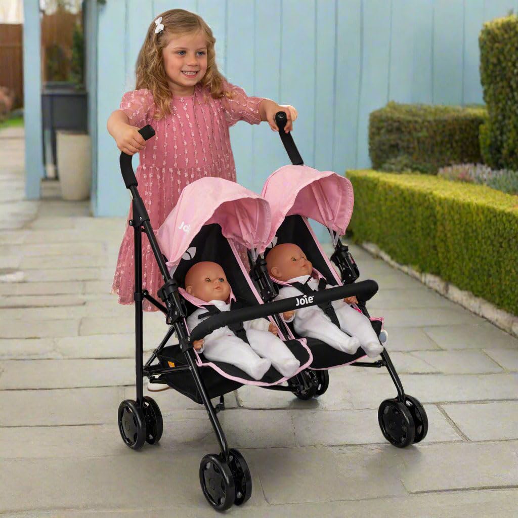Joie Aire Twin Pushchair | Childrens Double Stroller Pram In Black & Pink | Childrens Baby Doll Stroller Toy Umbrella Fold Stroller | Role Play Toy Dolls Buggy Pushchair | Ages 3+
