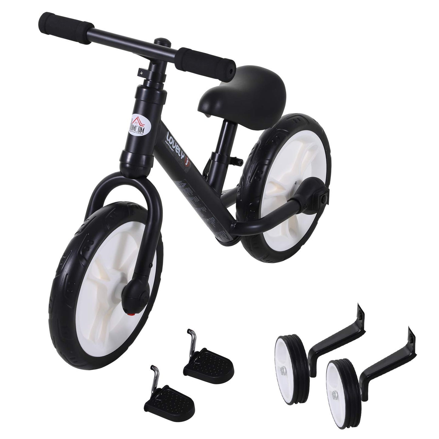 HOMCOM 11-inch kids balance bike with removable stabilizers, adjustable seat, and EVA tires for ages 2 to 5, in black.