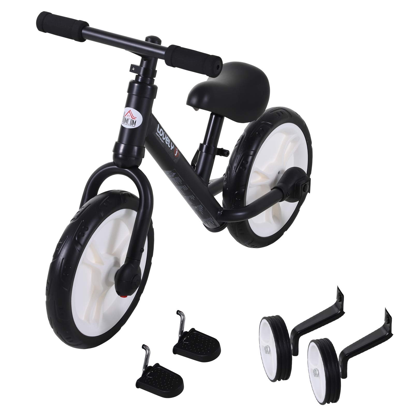 HOMCOM 11-inch kids balance bike with removable stabilizers, adjustable seat, and EVA tires for ages 2 to 5, in black.