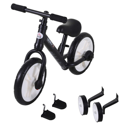 HOMCOM 11-inch kids balance bike with removable stabilizers, adjustable seat, and EVA tires for ages 2 to 5, in black.