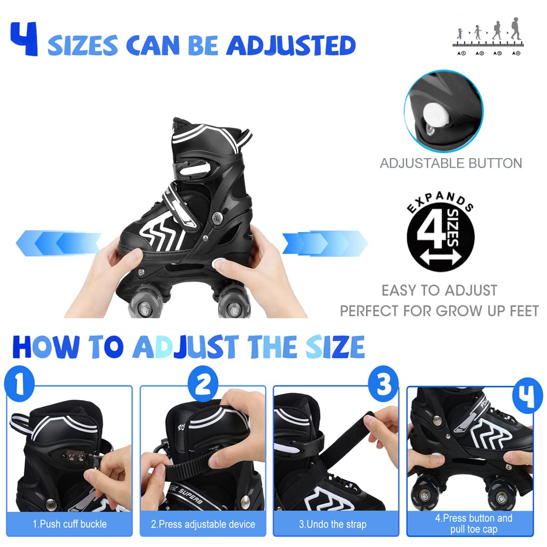 Kids SZHZS roller skates for boys and girls with light-up wheels, adjustable size, black and white design, suitable for children ages 4-12.