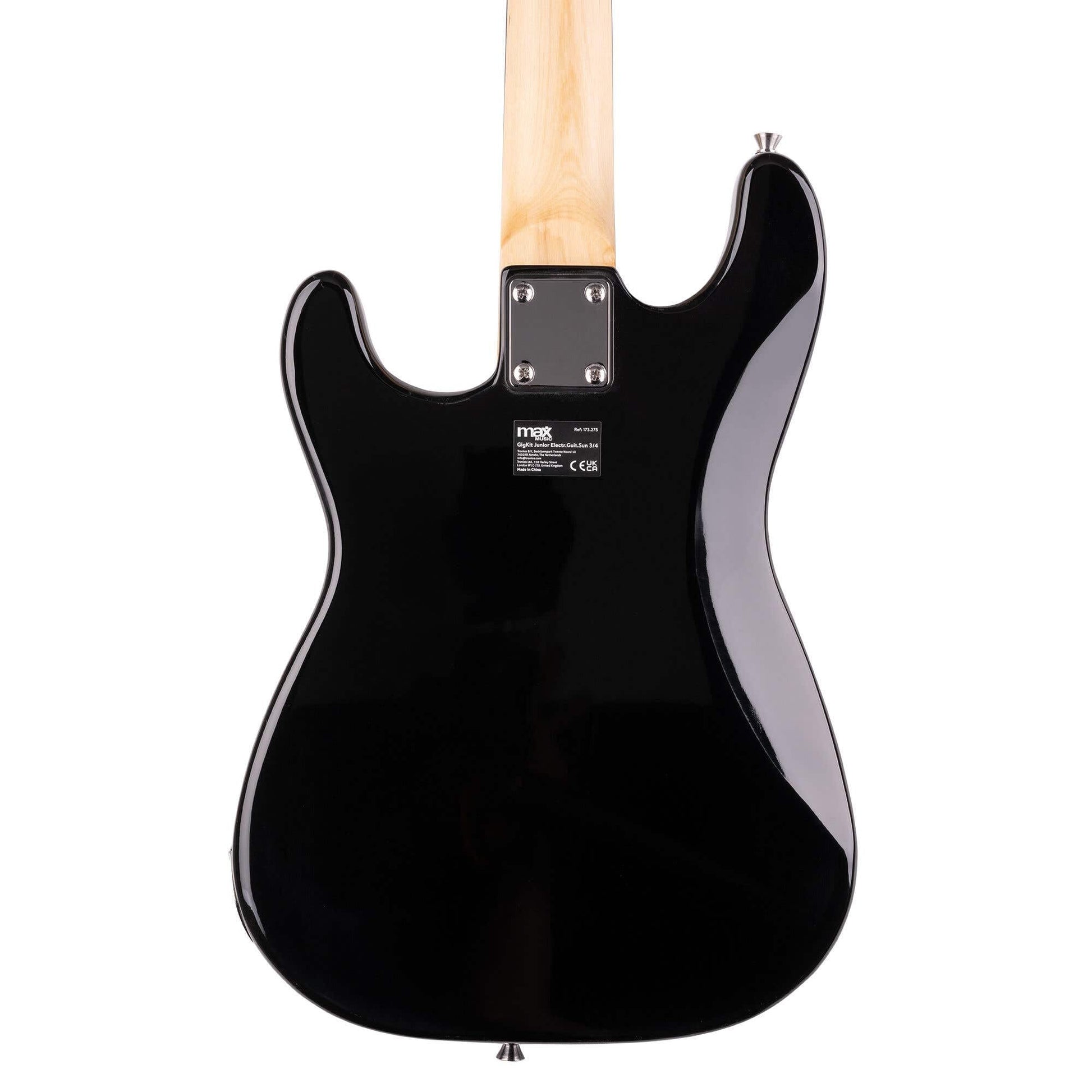 MAX GigKit Junior electric guitar starter pack with 3/4 size sunburst guitar, 20W amplifier, case, tuner, strings, picks, and strap.