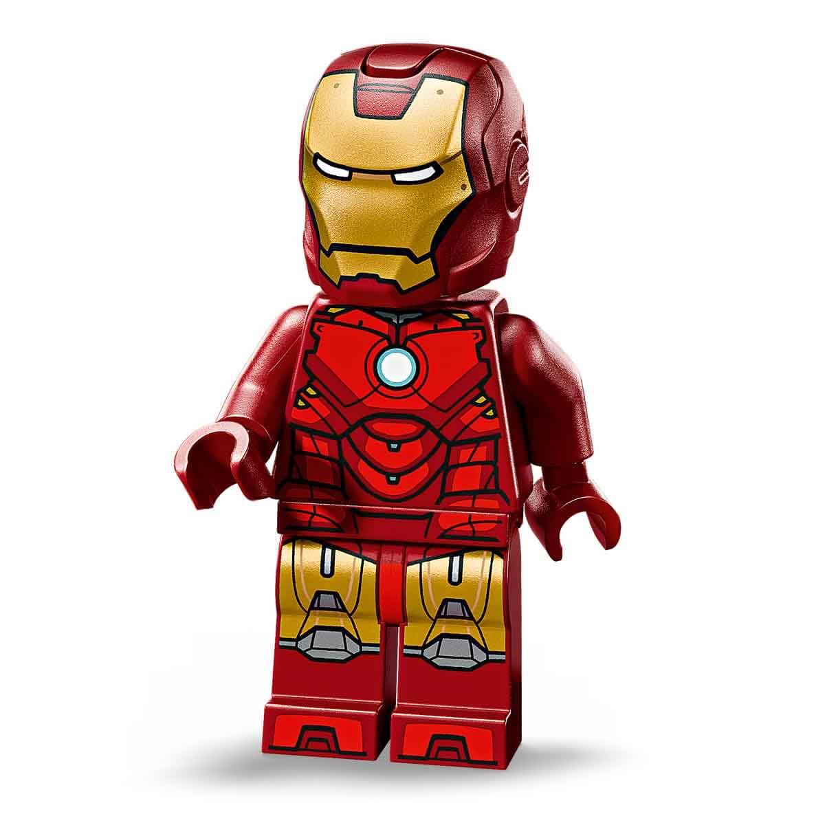 LEGO Marvel Iron Man MK4 Bust display model with Tony Stark minifigure, shoulder cannons, and rotating head detail.