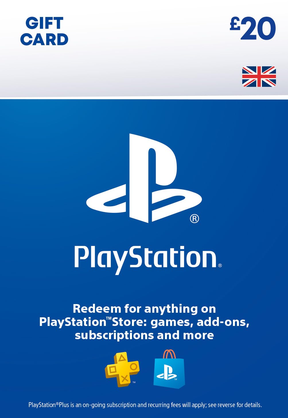 PlayStation Store Gift Card for UK, 20 GBP, showing the digital code for PS5 and PS4 downloads, branded with PlayStation logo
