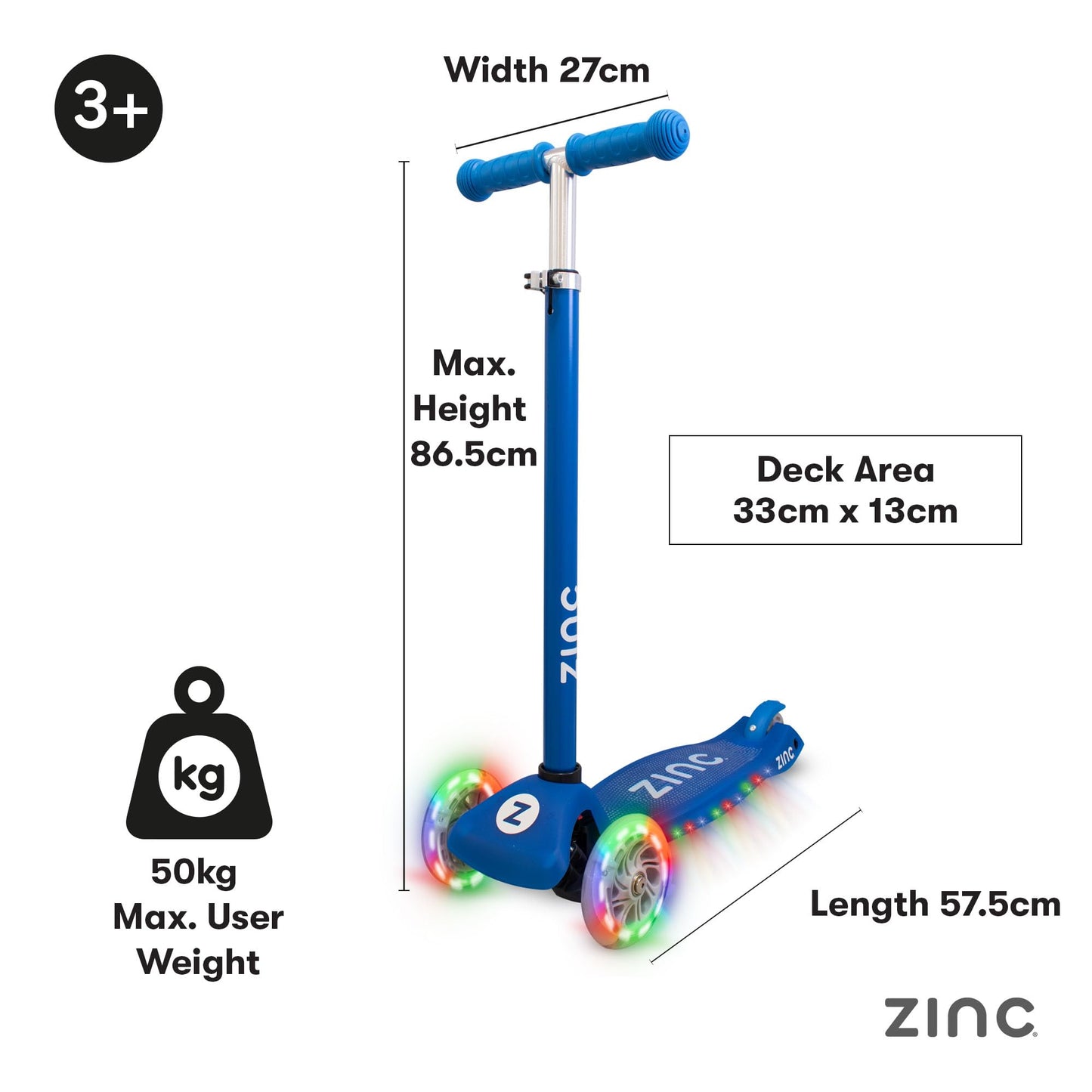 Zinc Superstar Kids Scooter for Ages 3+ – Three Wheeled Boys & Girls Scooter with LED Light Up Deck & Wheels, Adjustable Handlebar, Lean ‘n’ Steer Controls, Rear Brake, Soft Rubber Grips, Blue