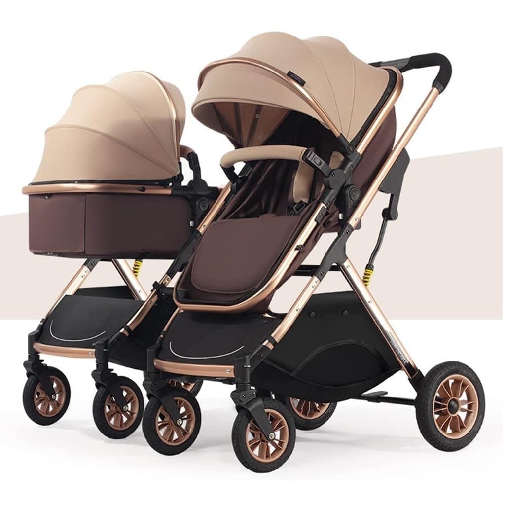 Double Infant Stroller,Twin Baby Pram Stroller,Toddler Stroller for Twins Side by Side,Foldable Double Seat Tandem Stroller High Landscape Foldable Pushchair(Color:Gold)