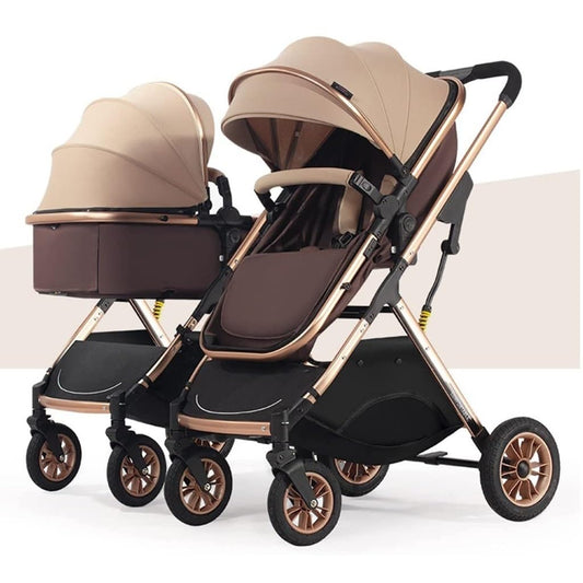 Double Infant Stroller,Twin Baby Pram Stroller,Toddler Stroller for Twins Side by Side,Foldable Double Seat Tandem Stroller High Landscape Foldable Pushchair(Color:Gold)