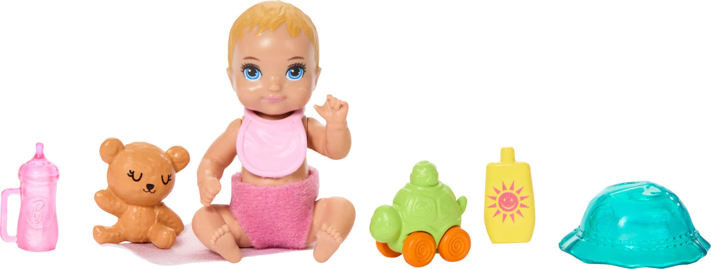 Barbie Skipper Babysitters Inc. playset with brunette doll, blonde baby doll, stroller, removable car seat, and accessories.