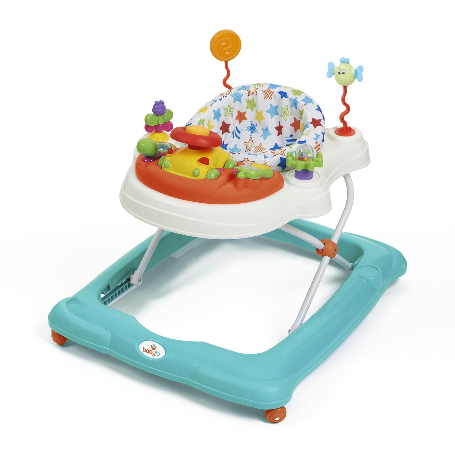 Babylo Twist About Baby Walker with activities, electronic games, adjustable height, and a 120-degree padded swivel seat