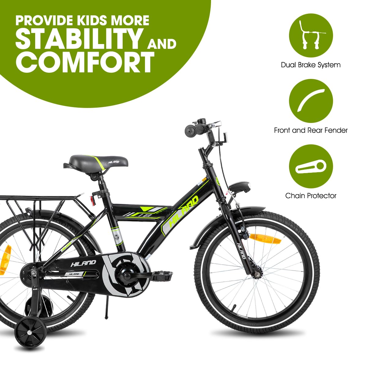 Hiland 18 Inch Kids Bike for Boys Girls, Bike for Kids with Hand Brake Coaster Brake, Kids Bicycle with Stabilisers Luggage Carrier, Black