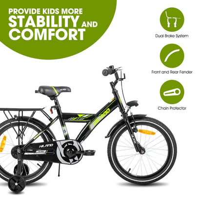 Hiland 18 Inch Kids Bike for Boys Girls, Bike for Kids with Hand Brake Coaster Brake, Kids Bicycle with Stabilisers Luggage Carrier, Black