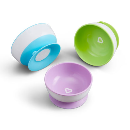 Munchkin Stay Put Baby Suction Bowl Set| Baby Bowls for Weaning| Baby Feeding Suction Dish Pack| for Babies & Toddlers 6 Months+|BPA Free Weaning Set for Babies| Microwave/Dishwasher Safe | 3 Pack