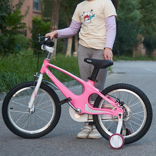 BSTSEL children's bicycle in pink, 14-inch size, with stabilizers and double brakes, suitable for boys and girls.