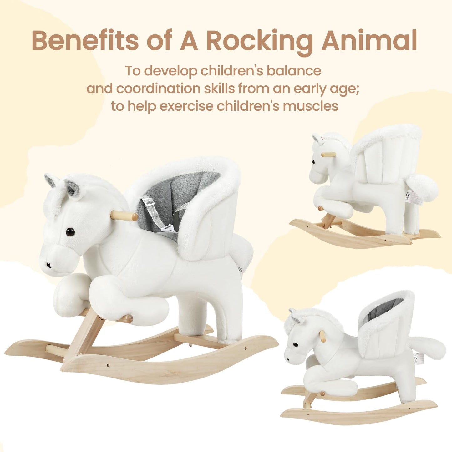 WOLTU Baby Rocking Horse Wooden Toddler Rocker with Seatbelt Kid Ride-on Rocking Animal for 1/2/3 Years Old, White and Grey