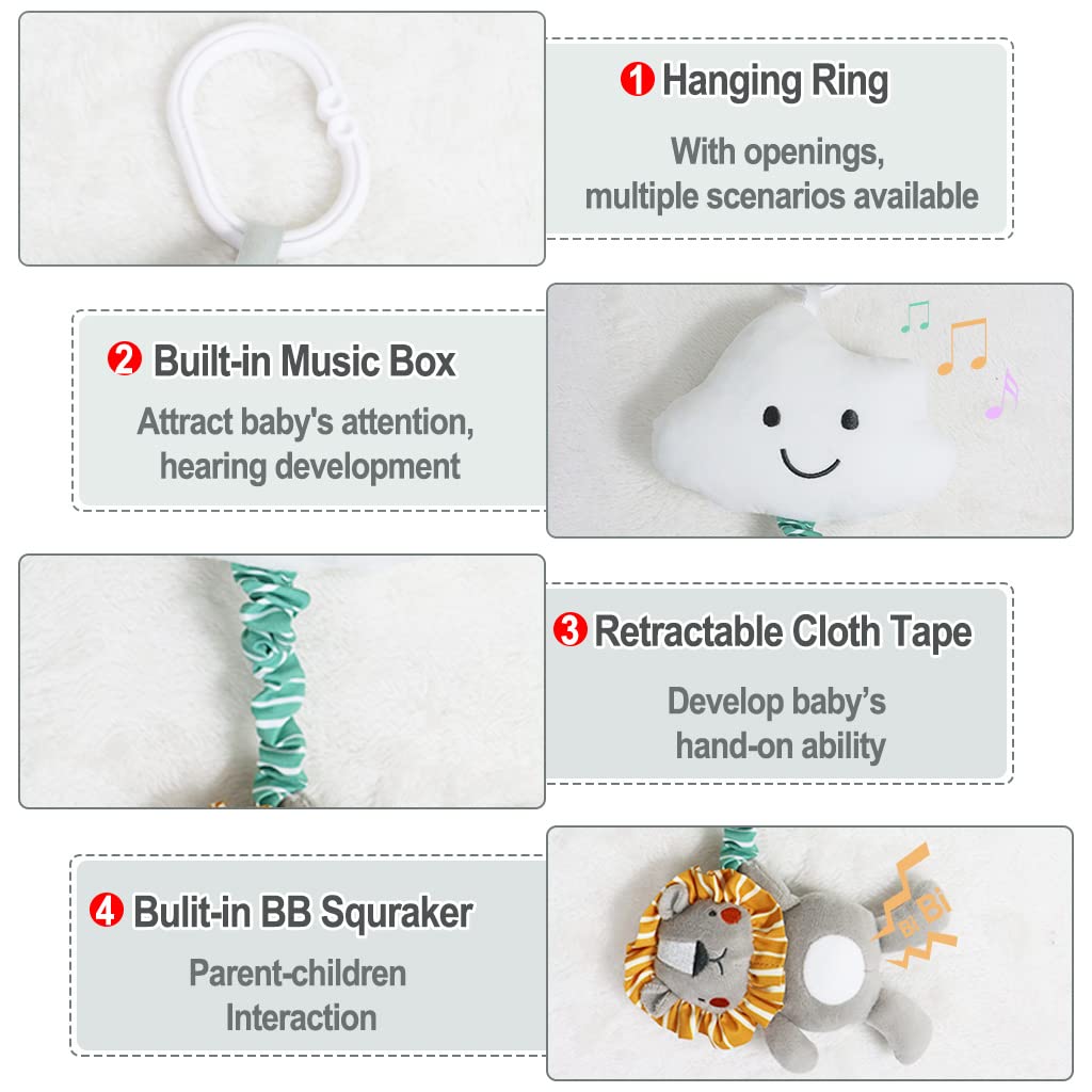 Blublu Park baby hanging musical toy with cloud design, clip-on lullaby sensory toy for prams, cribs, strollers, and car seats.