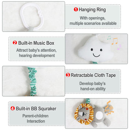 Blublu Park baby hanging musical toy with cloud design, clip-on lullaby sensory toy for prams, cribs, strollers, and car seats.