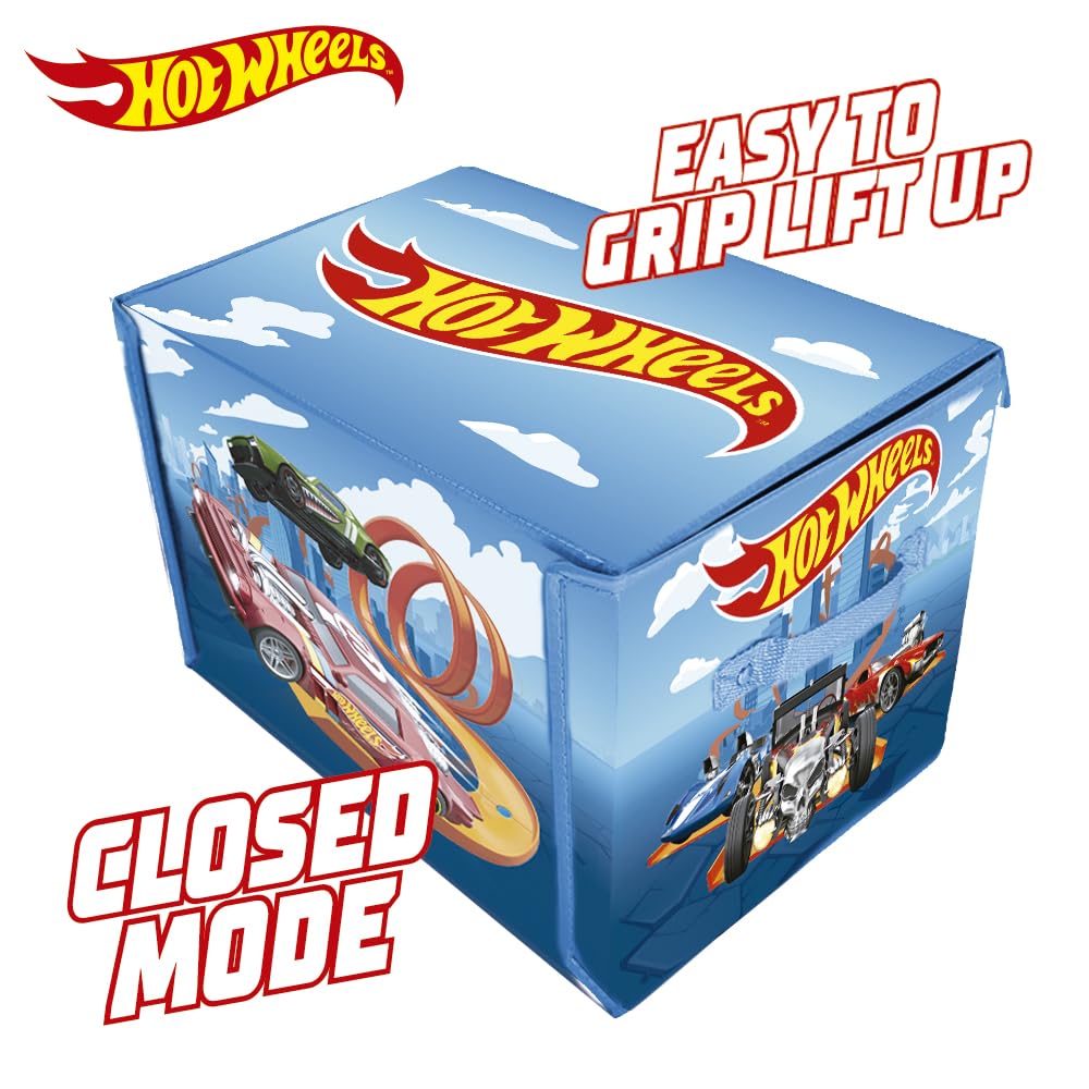 Hot Wheels 3-in-1 collapsible garage box with playmat and speed roads for car toy storage, showing vibrant design and functionality.