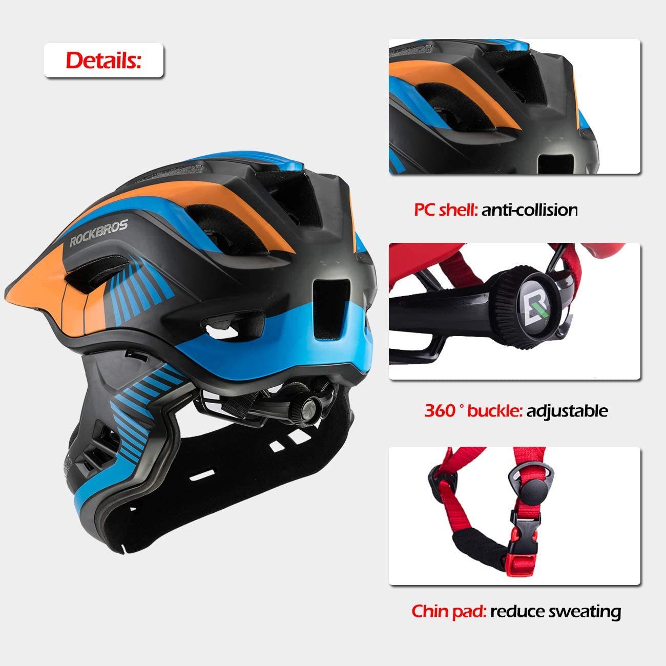 ROCKBROS Kids Full Face Bike Helmet Kids Helmet Toddler Bike Helmets Full Face Protective Safety Helmet for MTB Skateboarding Scooter Roller Skating Cycling S: 48-52 cm, M: 55-58 cm
