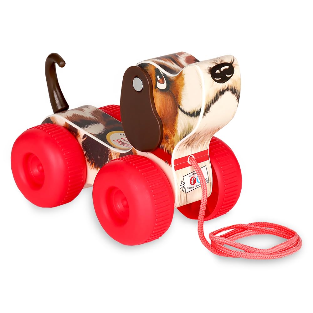 Basic Fun Fisher Price Classics Little Snoopy Pull Along Dog Toy | Retro Style Toddler Walking Toy with Interactive Features | Gift for Kids Aged 12+