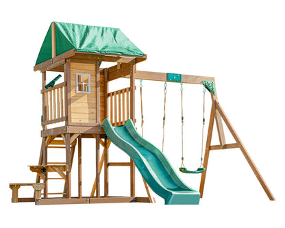 DOLPHIN PLAYGROUND T Wooden Swing and Slide Set for Backyard, Kids Swing Set with Picnic Table, Play House for Kids Outdoors with Slide 2 Swings Climbing Wall, Kids Outdoor Play Equipment for Ages 3+