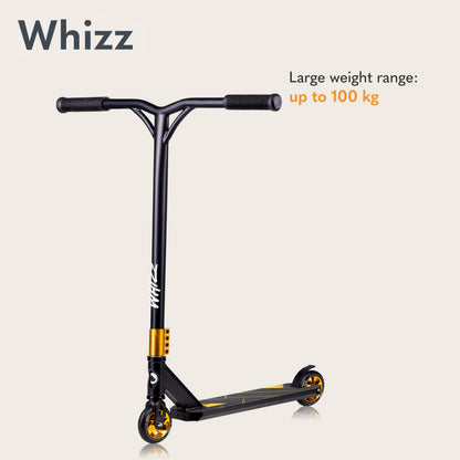 LIONELO WHIZZ Freestyle Stunt Scooter with aluminium deck, Y-bar handlebar, and 110mm high-rebound wheels.