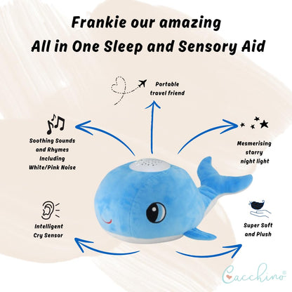 Cacchino plush whale sleep soother with cry sensor, 20 lullabies, and smart activation for baby comfort.
