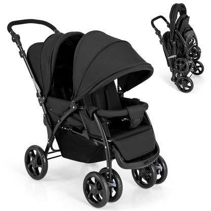 Foldable Twin Stroller, Double Baby Pushchair w/Multi-Level Backrest, Canopy, Handle & Footrest, Safety Belt & Brake System, Travel Tandem Seating Stroller w/Lockable Wheels (Black)