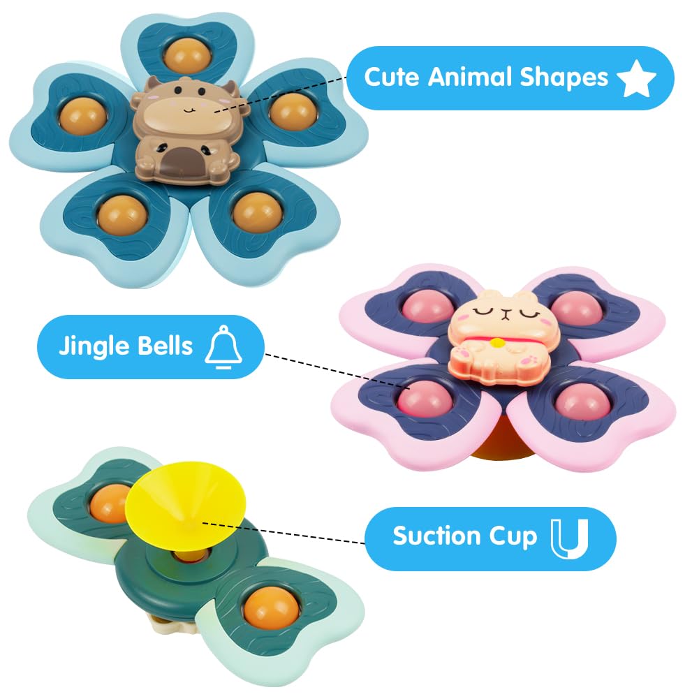 Vicloon Suction Cup Spinner Toys, 4PCS Baby Bath Spinners, Sensory Toys for Babies 18 Months Up (animals)