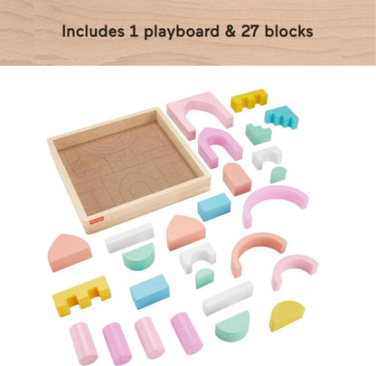 Fisher-Price wooden toddler toy castle block set with 28 colorful stacking pieces for preschool kids ages 2+ years.