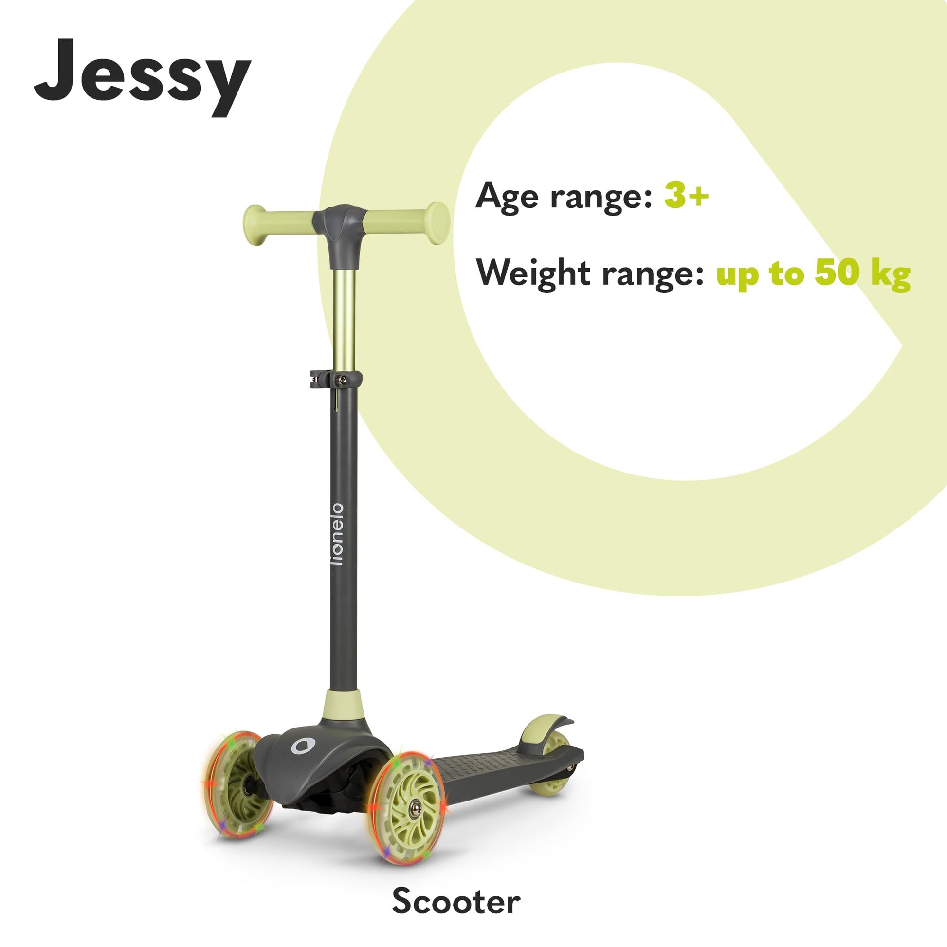 LIONELO JESSY kids scooter with LED light-up wheels, adjustable height, non-slip platform, and three wheels for stability.