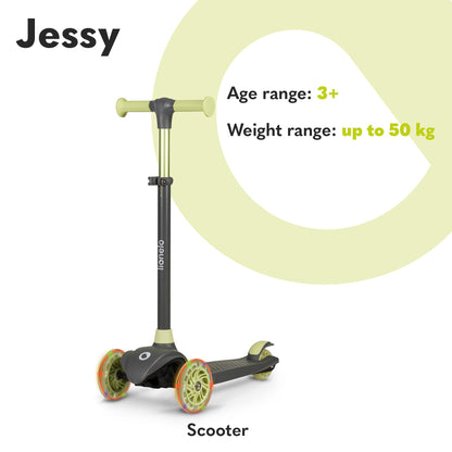LIONELO JESSY kids scooter with LED light-up wheels, adjustable height, non-slip platform, and three wheels for stability.