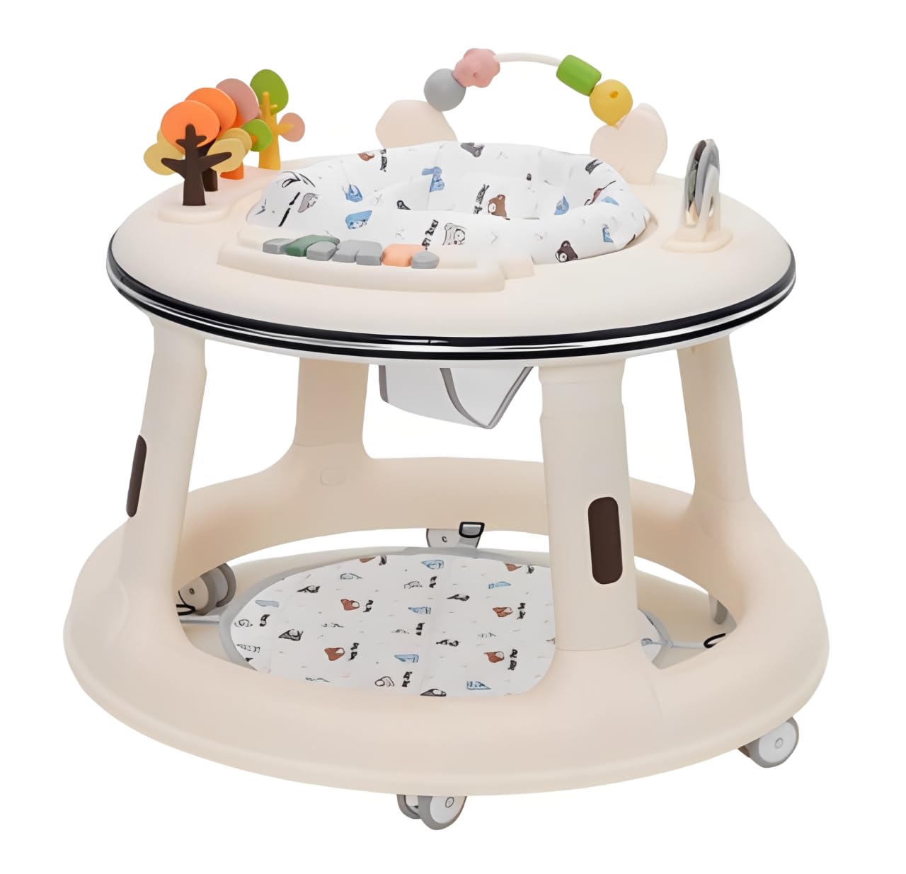 White baby walker with adjustable height, 360° quiet wheels, swivel seat, light and music features, and activity center for toddlers.