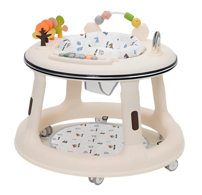 White baby walker with adjustable height, 360° quiet wheels, swivel seat, light and music features, and activity center for toddlers.