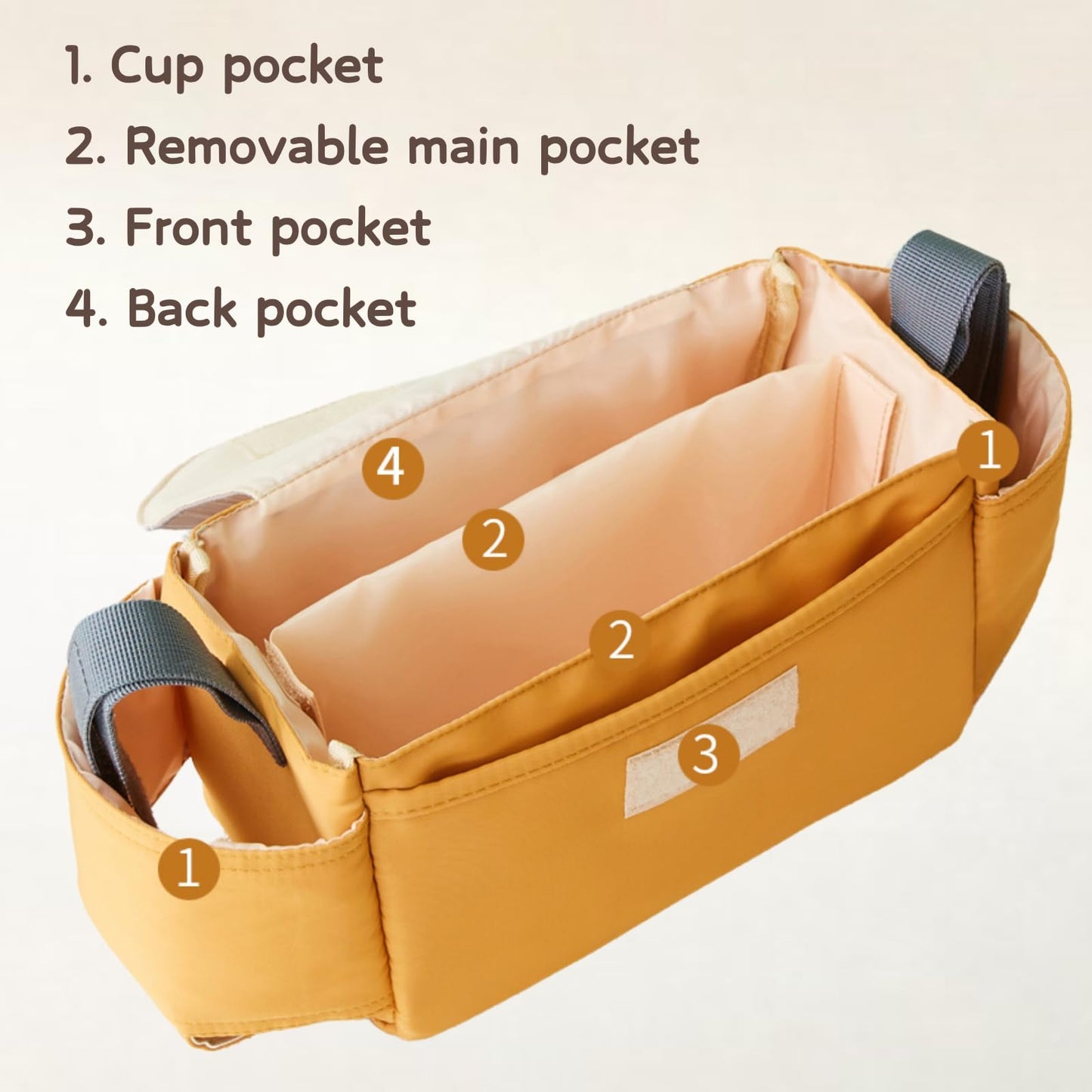 HAGOT baby pushchair organiser with cup holder and mummy bag, universal fit for all buggy models, attaches to pram or stroller.