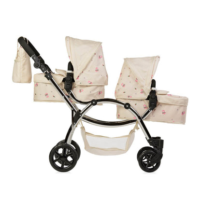 Roma Darcie Twin Cream Dolls Pram - Adjustable Handle Dolls Pushchair for Reborn Dolls, Double Dolls Pram with 16 Combinations, Bag & Shopping Basket - Ideal for Ages 3-16