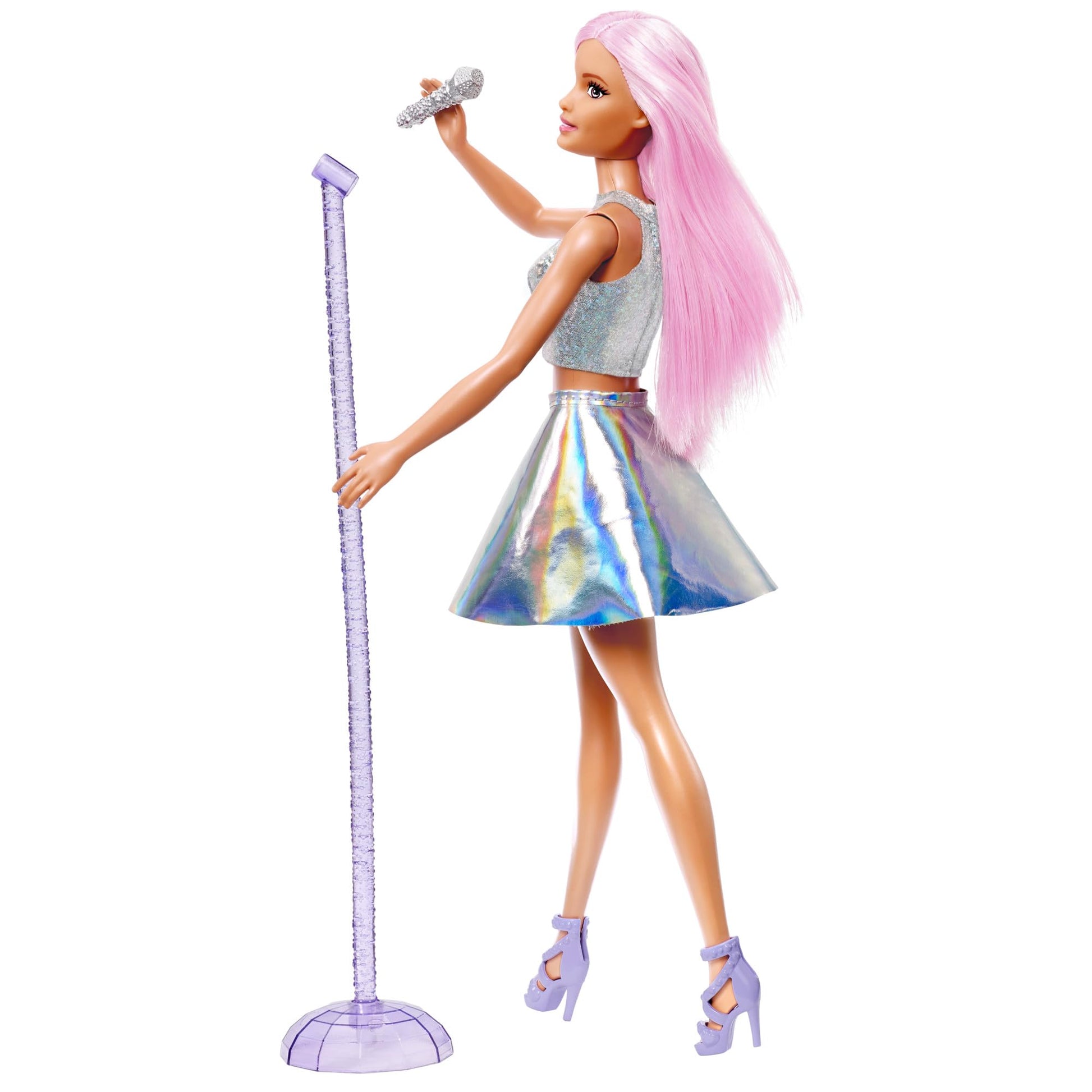 Barbie Pop Star Doll with pink hair, iridescent skirt, and microphone, ideal gift for kids ages 3 to 7.