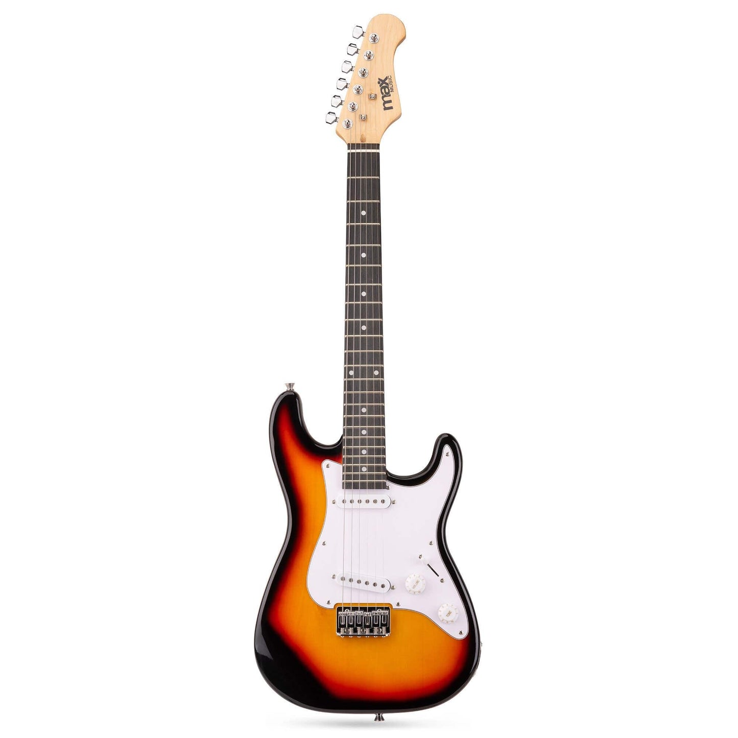 Max GigKit Junior electric guitar starter pack in sunburst finish with 20W amplifier, case, tuner, strings, picks, and strap for kids.
