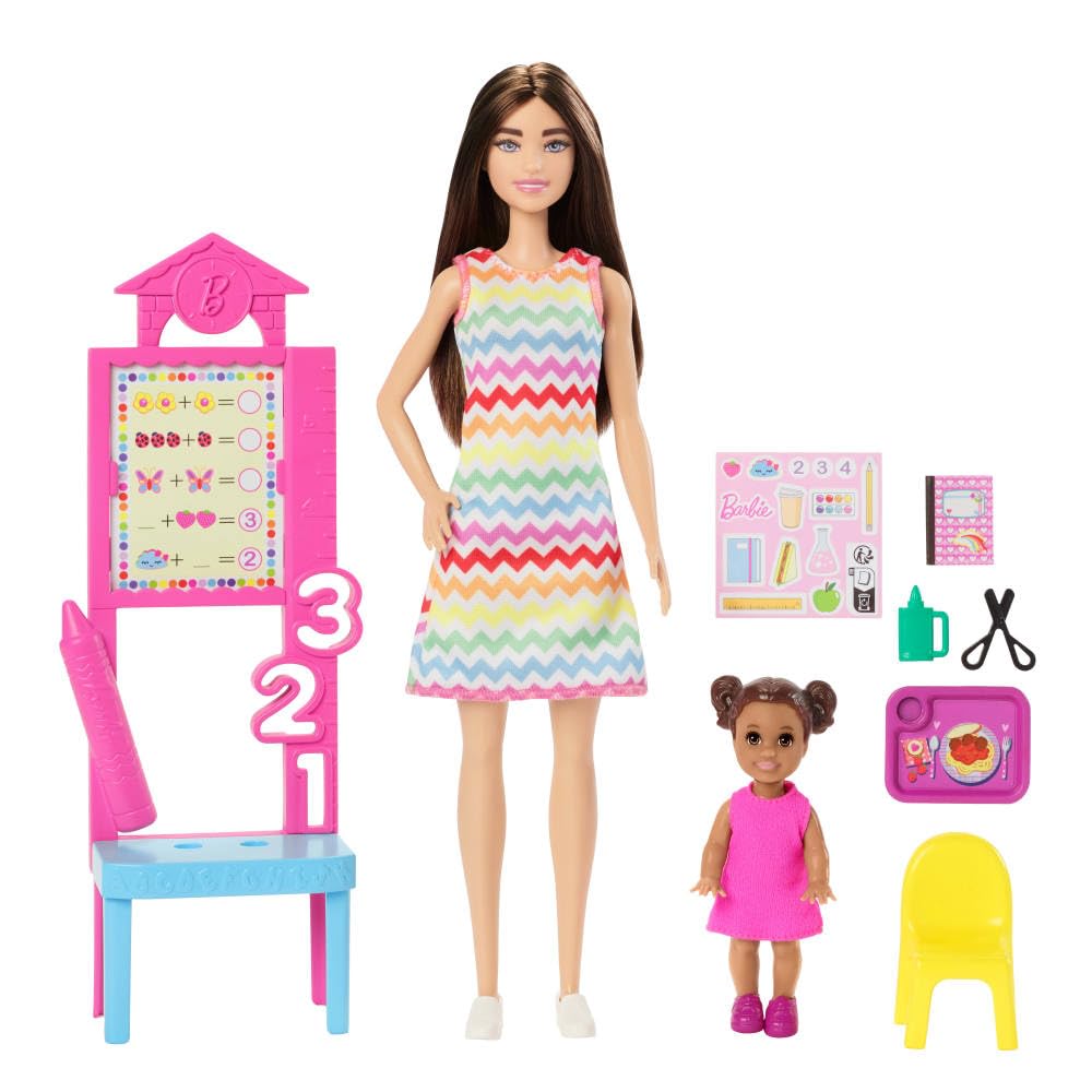 Barbie Teacher Doll with brunette hair, printed dress, toddler, and teaching accessories for educational role-play.