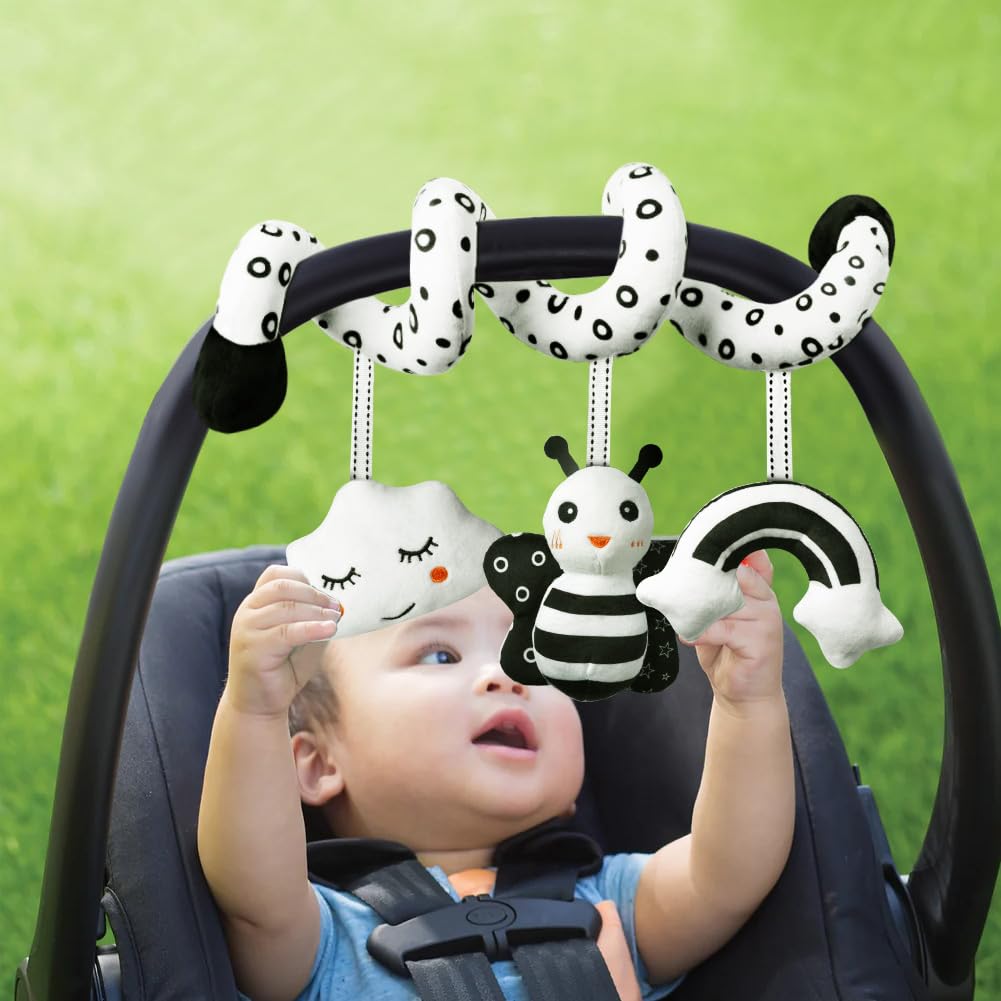 Aolso sensory pram toys in black and white spiral design with ringing bell, suitable for car seats and cribs, engaging and colorful.