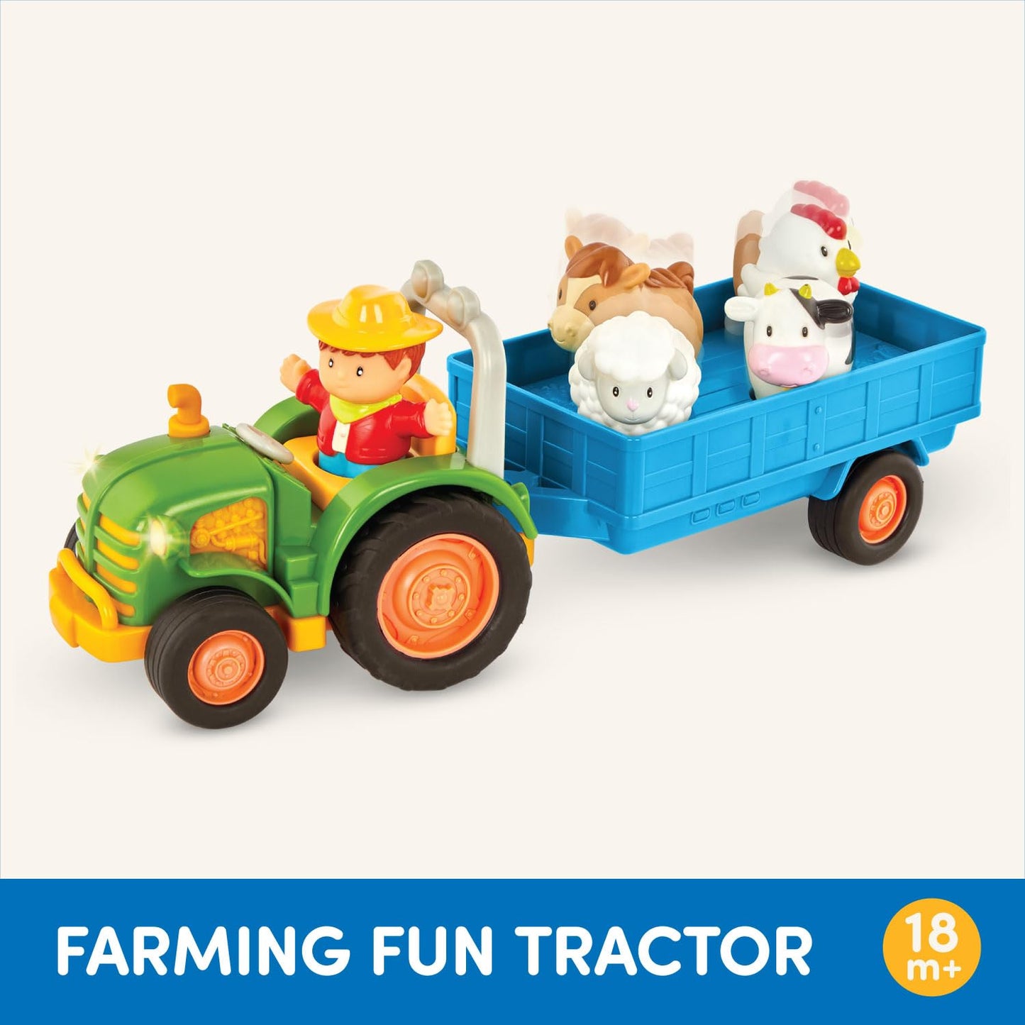Battat farm toy set with light and sound tractor, trailer, animals, and accessories for toddlers and kids.
