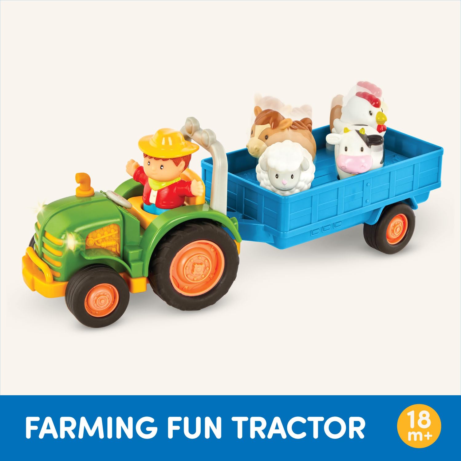 Battat farm toy set with light and sound tractor, trailer, animals, and accessories for toddlers and kids.