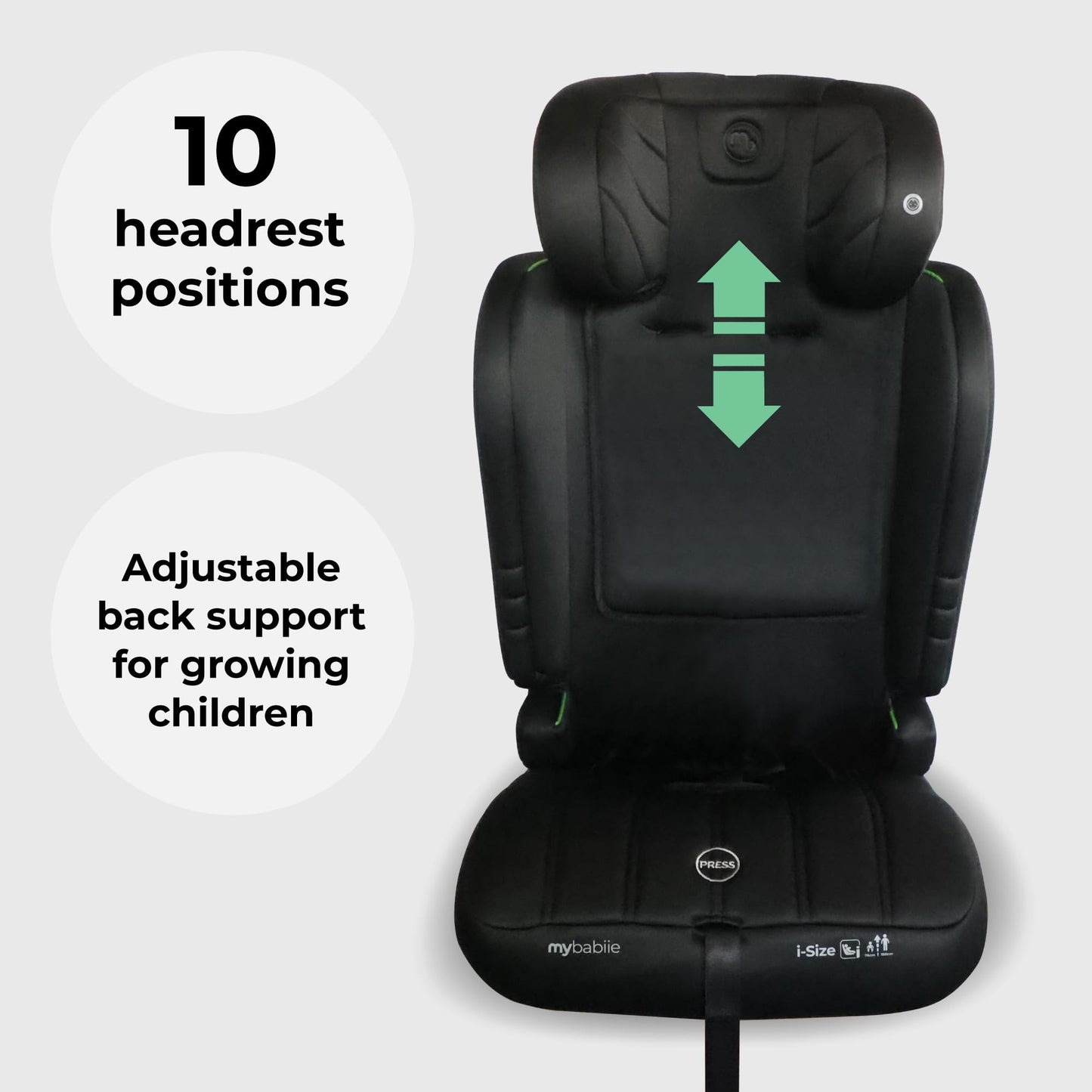 My Babiie MBCS50 Toddler to Booster R129 Child Car Seat - 5-Point Harness, 76-150cm (Approx. 9-36kg, 15 Months - 12 Years), i-Size, Group 1/2/3, Adjustable, Forward Facing - Black