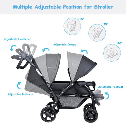 COSTWAY double seat pushchair with foldable tandem design, adjustable backrests, safety belts, sunshade, and storage basket in black.